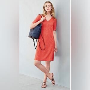 Eileen Fisher Organic Cotton Hemp Twist Dress‎ Geranium size large orange v neck